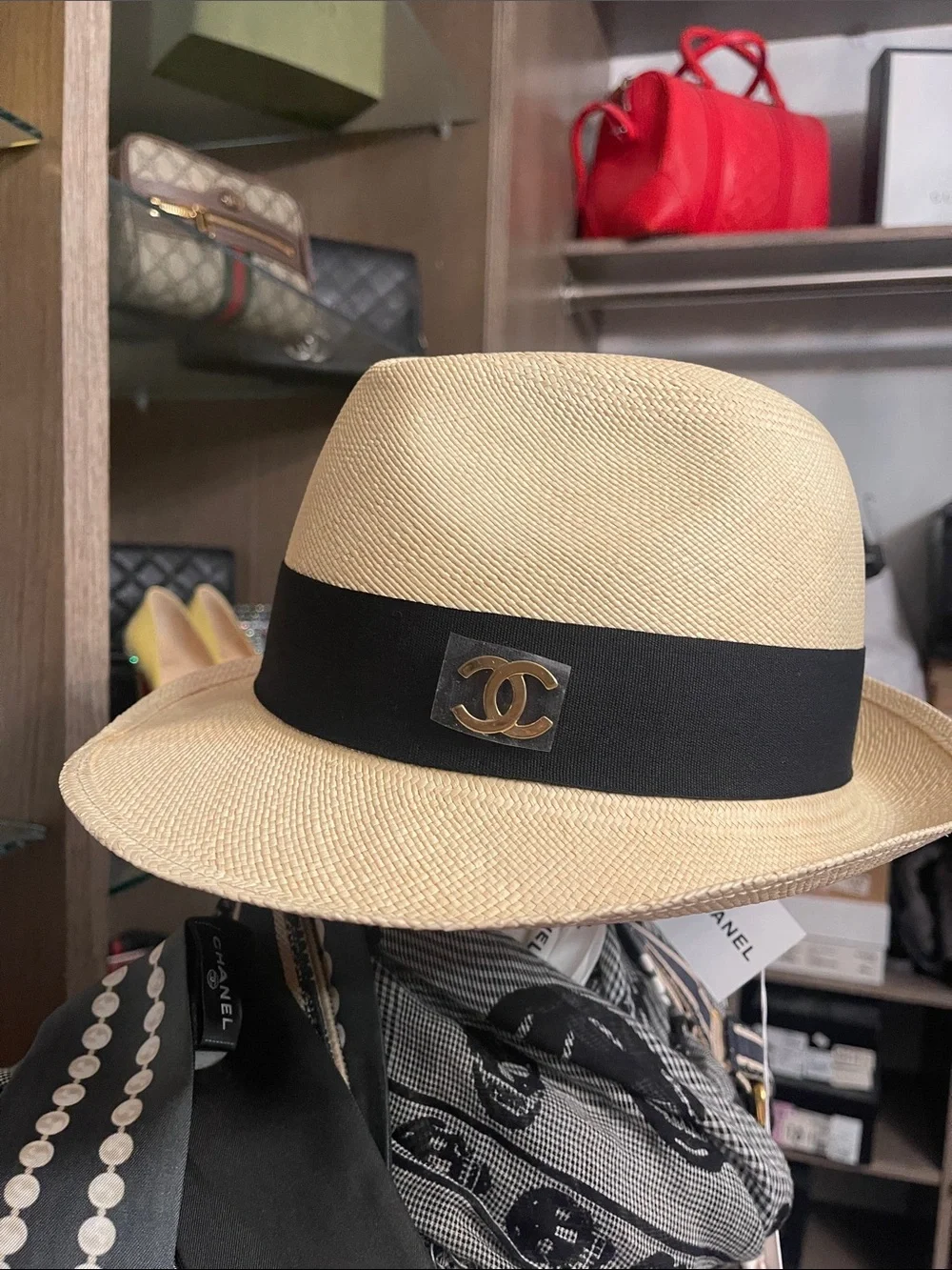CHANEL Straw Trilby with Black Band and Gold CC Plaque